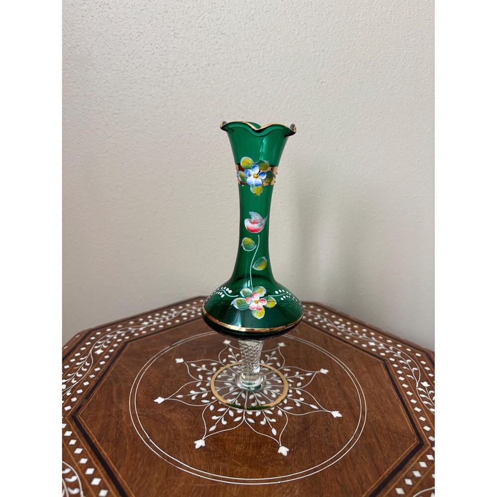 Vintage Czech Bohemian Green Glass Floral Footed 8” Bud Vase